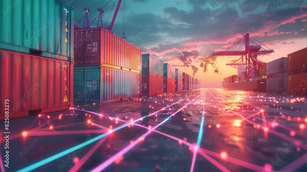 Poster row colorful shipping containers dock glowing lines connecting world map global trade route dusk. ge
