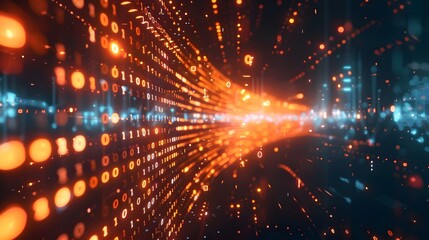 Fototapeta premium Digital data flowing on dark background, glowing lights and binary code in motion . 