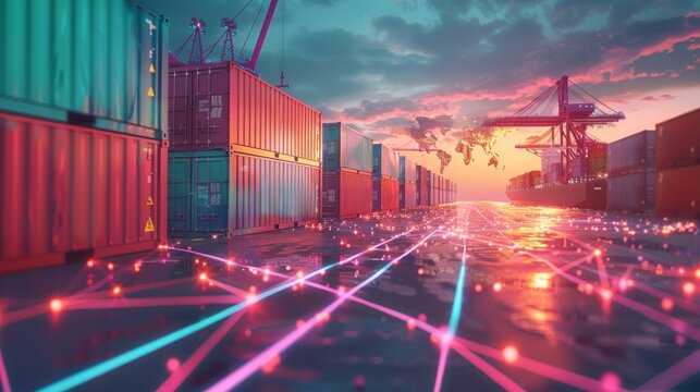 Row colorful shipping containers dock glowing lines connecting world map global trade route dusk. Generative AI.