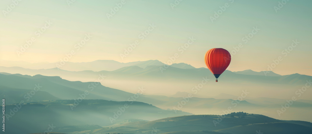 Wall mural A hot air balloon is flying over a mountain range