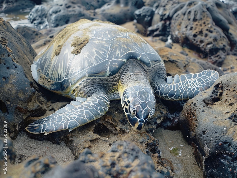 Poster a turtle is laying on a rocky beach. the turtle is small and has a shell