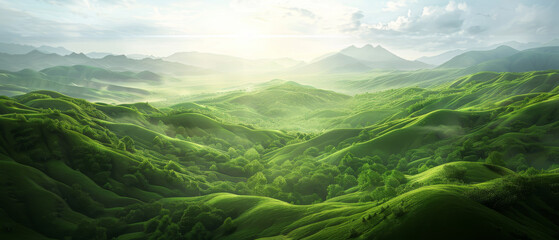 A lush green mountain landscape with a bright sun shining on it © Napat.T