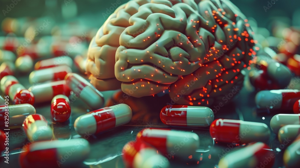 Poster a brain is surrounded by pills, some of which are red and some are white. the pills are scattered ar