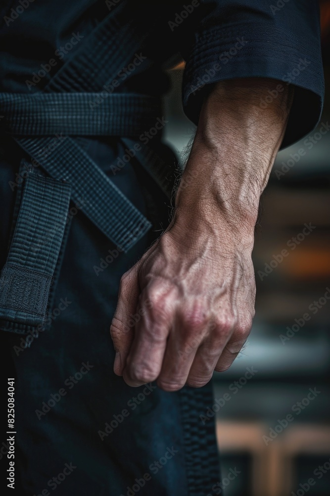 Poster a man with a black belt and a black jacket is showing off his arm. the man's arm is covered in tatto