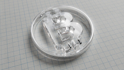 3D rendering - Solid glass bitcoin symbol on graph paper background