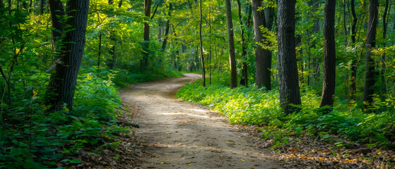 Obraz premium A path through a forest with trees on both sides