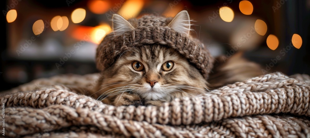 Poster charming cat in hat and scarf on fall backdrop with ample space for text placement