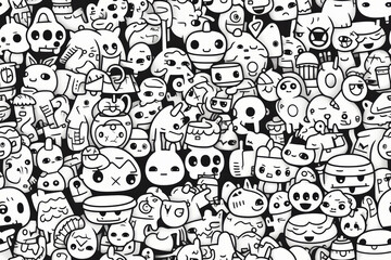 Seamless pattern with monochrome black and white colors and funny doodles, high-quality and print-ready