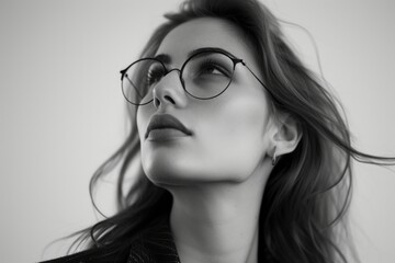 Fototapeta premium A woman with glasses is looking up at the camera. She has a serious expression on her face