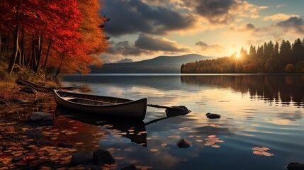 A serene autumn scene with a lone canoe on the shore of a still lake. The water reflects the vibrant colors of the sunset and surrounding trees.