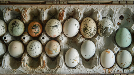 A dozen eggs are sitting in a carton