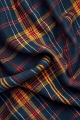 A plaid fabric with red and yellow squares. The fabric is blue and orange