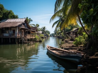 A serene canal winds through a tropical village, with traditional stilt houses and a small wooden boat docked on the calm water.