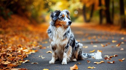 A dog is sitting on the ground in a park. The dog is wearing a blue collar. The leaves on the ground are orange and yellow