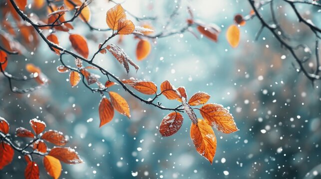 A branch covered in snow and leaves. The branch is bare and the snow is covering it