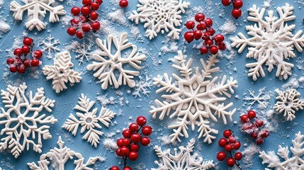 A blue background with white snowflakes and red berries