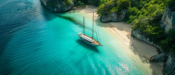 A sailboat is docked on a beach next to a body of water