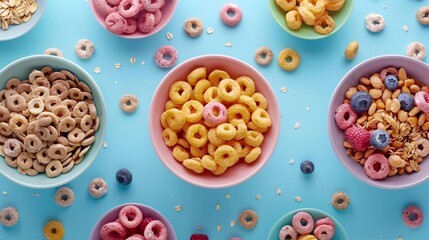 bowls of colorful cereal on a blue table