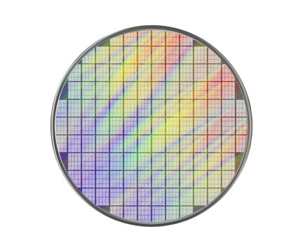 Rainbow crystalline silicon wafer with microchips on a lattice. Microelectronic device for manufacturing integrated circuits. Vector illustration