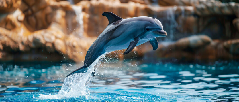 A dolphin leaps out of the water, creating a splash
