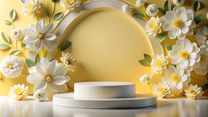 Podium with Flowers for Advertising Products, white and yellow background, Floral Frame, Mockup, 3D rendering with copy space