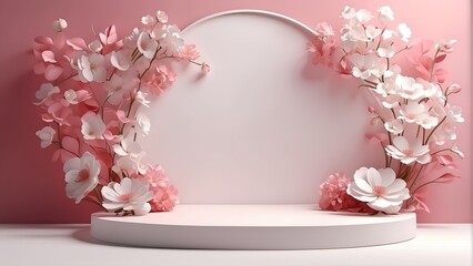 White Stone Podium with Flowers for Advertising Products, white and pink background,  Mockup, 3D rendering with copy space