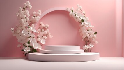 White Stone Podium with Flowers for Advertising Products, white and pink background,  Mockup, 3D rendering with copy space