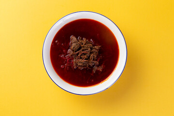 Traditional borscht soup in a plate.