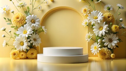 Podium with Flowers for Advertising Products, white and yellow background, Floral Frame, Mockup, 3D rendering with copy space