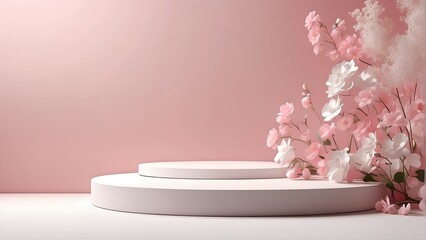White Stone Podium with Flowers for Advertising Products, white and pink background,  Mockup, 3D rendering with copy space