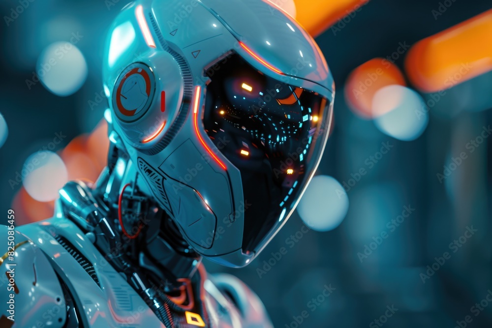 Aufkleber a robot with a white helmet and red lights on its face. the robot is standing in a room with a blue 