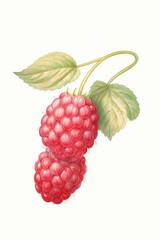 Beautiful watercolor illustration of two ripe rasperries with green leaves on a white background. Ideal for food, nature, or botanical themes.