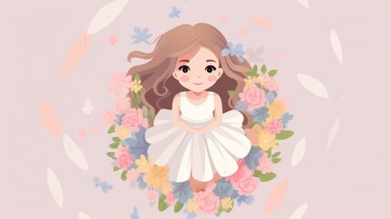 Cute illustration of a young girl with flowing hair surrounded by a wreath of colorful flowers and butterflies, wearing a white dress.