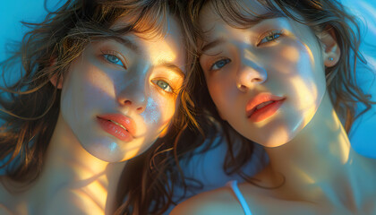 Obraz premium Two women with long hair are lying on a bed, with their faces in the sun. Generated by AI