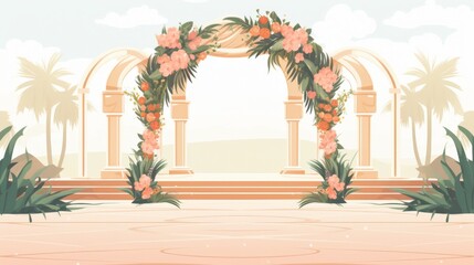 Elegant outdoor wedding arch decorated with flowers and greenery, set in a picturesque location with palm trees and classical columns.