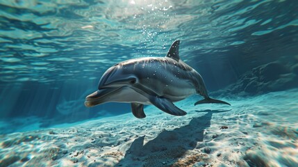 A dolphin is swimming in the ocean. The water is clear and the sun is shining on the dolphin