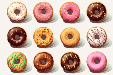 A collection of donuts with various toppings and colors. Concept of abundance and variety, as there are at least 13 different types of donuts displayed