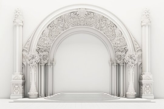 Intricate white marble arch with ornate carvings and decorative pillars, perfect for architecture and design projects.