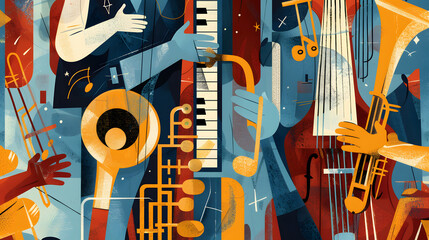 Jazz music instrument and human hands in retro collage vector illustration