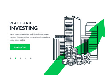 Real estate investing business concept. City buildings, coins stacks on growth green arrow background. Hand drawn vector sketch illustration. Poster, banner design template