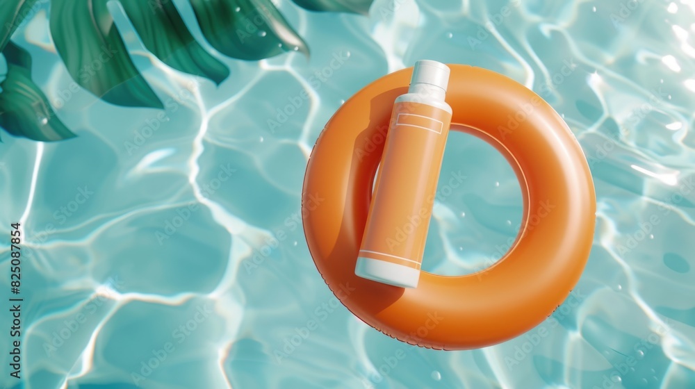 Poster a bottle of sunscreen is floating on top of a pool float. the scene is bright and cheerful, with the