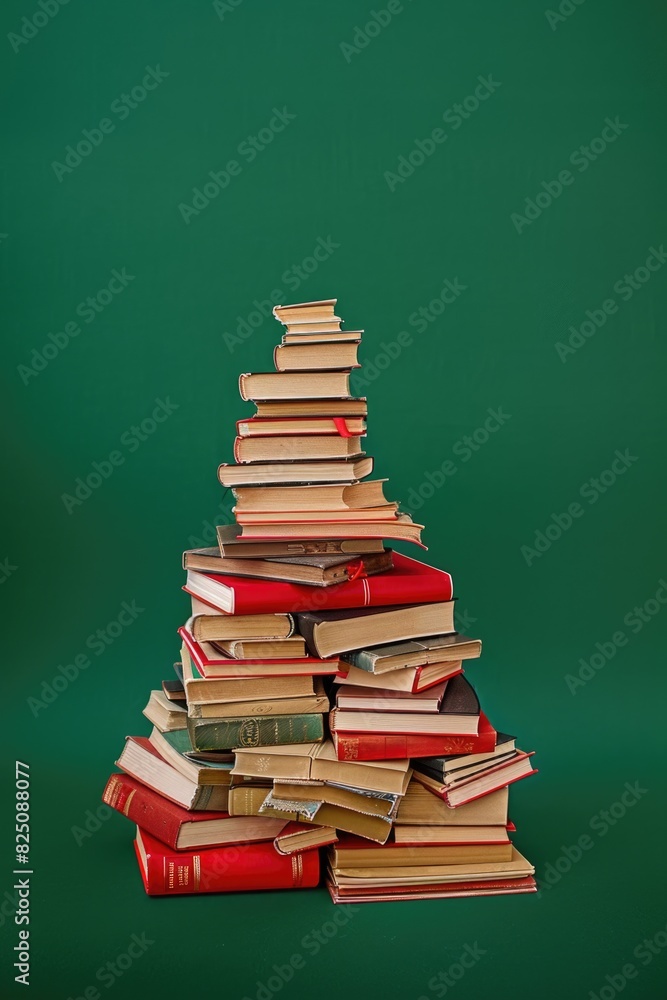 Poster A stack of books is piled up to form a Christmas tree. The books are of various sizes and colors, and they are arranged in a way that creates a sense of height and depth