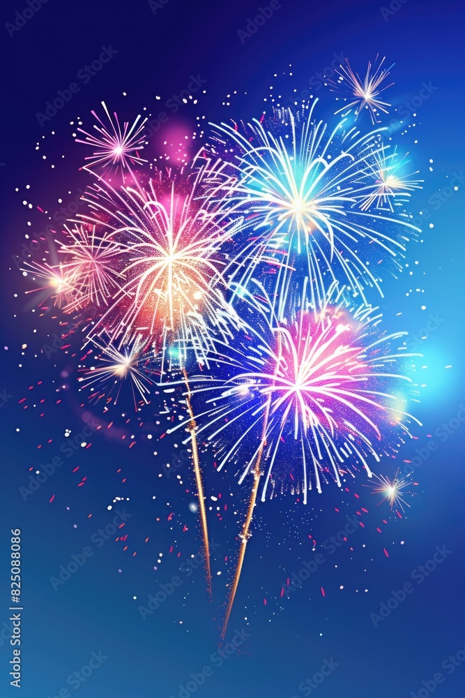 Poster a fireworks display in the sky with a blue background. the fireworks are in different colors and are