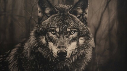 A black and white image of a wolf's face.
