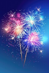 A fireworks display in the sky with a blue background. The fireworks are in different colors and are lit up