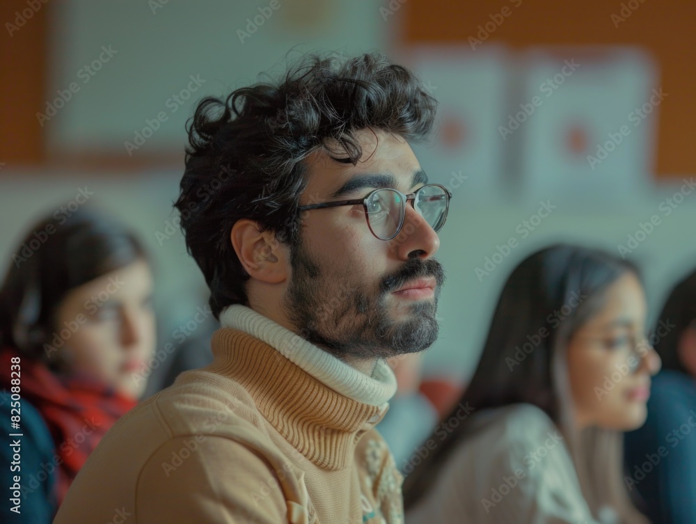 Poster a man with glasses is sitting in a classroom with other people. he is looking at something, possibly