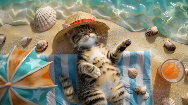 A cute kitten wearing a straw hat, lying on a striped towel, surrounded by seashells on a sunny beach.