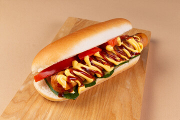 Hot dog on the board.