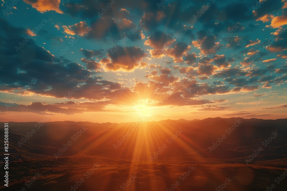 Poster the sun is shining brightly in the sky, casting a warm glow over the mountains. the clouds in the sk