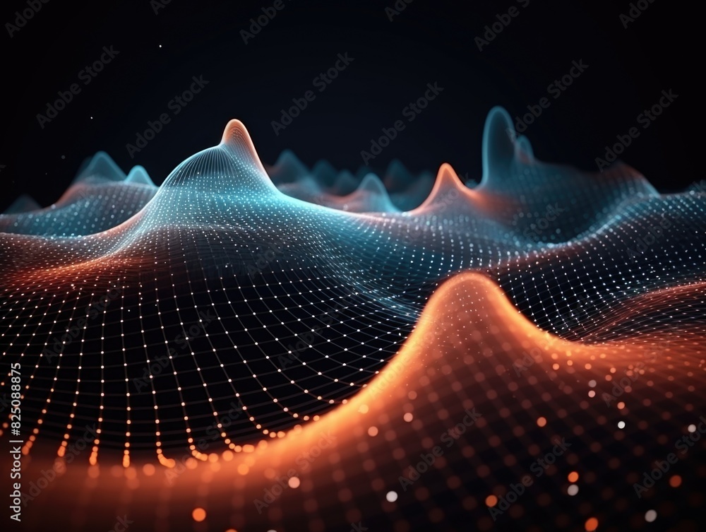 Poster a computer generated image of a landscape with orange and blue lines. the image has a futuristic and
